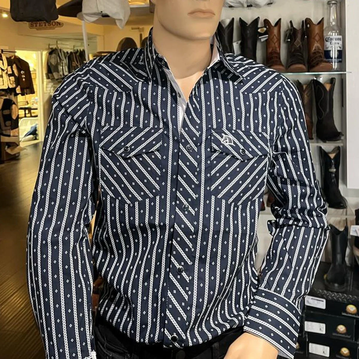 Men's White Diamonds Long Sleeve Dark Blue Stripes Western Shirt