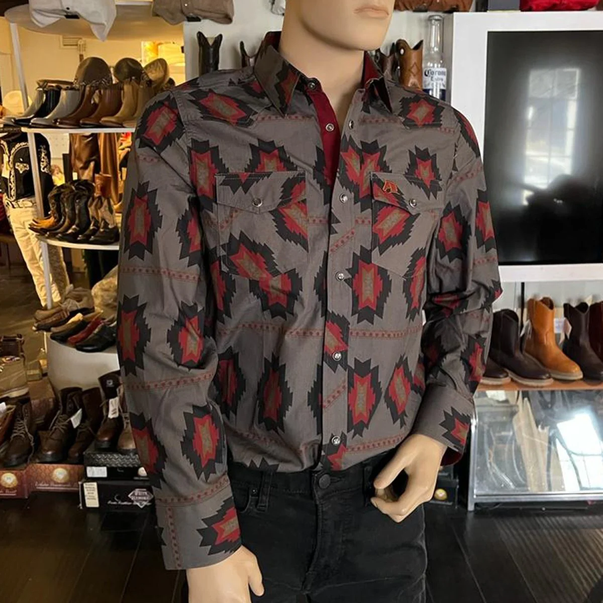 Men's White Diamonds Long Sleeve Dark Grey Western Shirt - Imagen 2