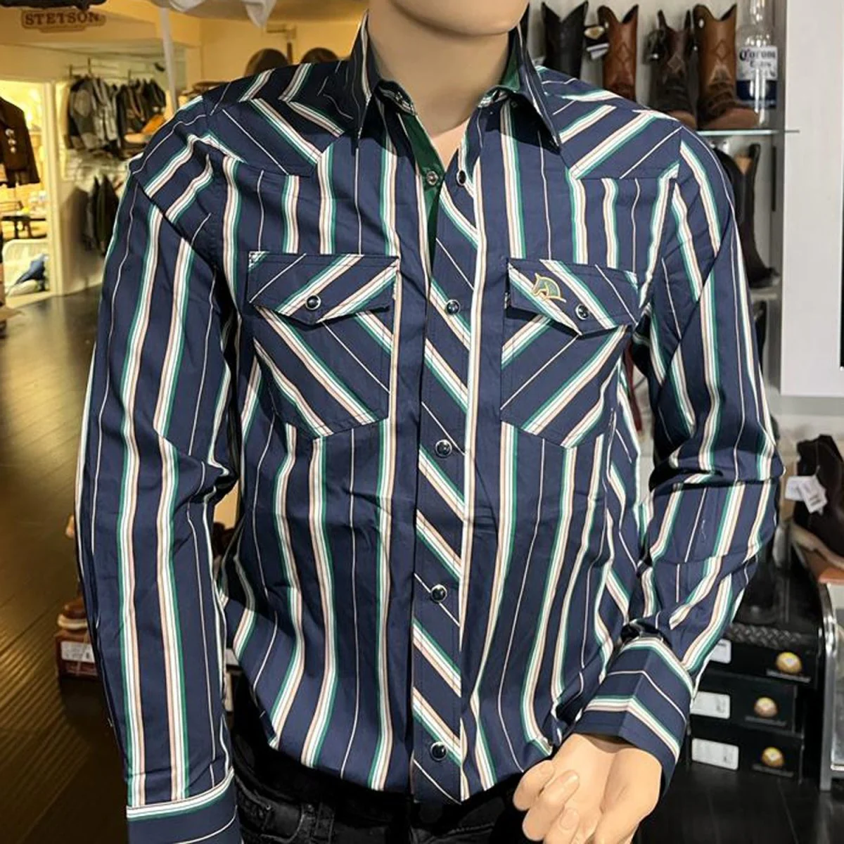 Men's White Diamonds Long Sleeve Navy Stripes Western Shirt - Imagen 2