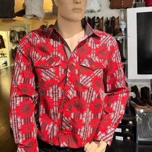 Men's White Diamonds Long Sleeve Red Western Shirt