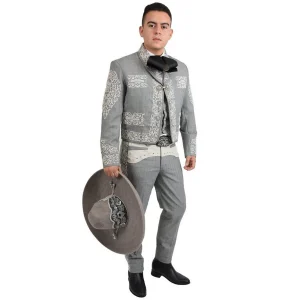 Traje Charro de Lujo Bordado Fino Hilo Metálico para Hombre Gris WD-1007