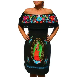 Vestido Artesanal Bordado de la Virgen Color Negro para Mujer IMP-77361