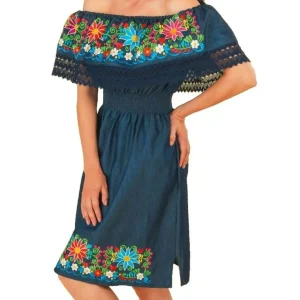 Vestido Artesanal Fino Bordado Color Azul con Flores para Mujer IMP-77304