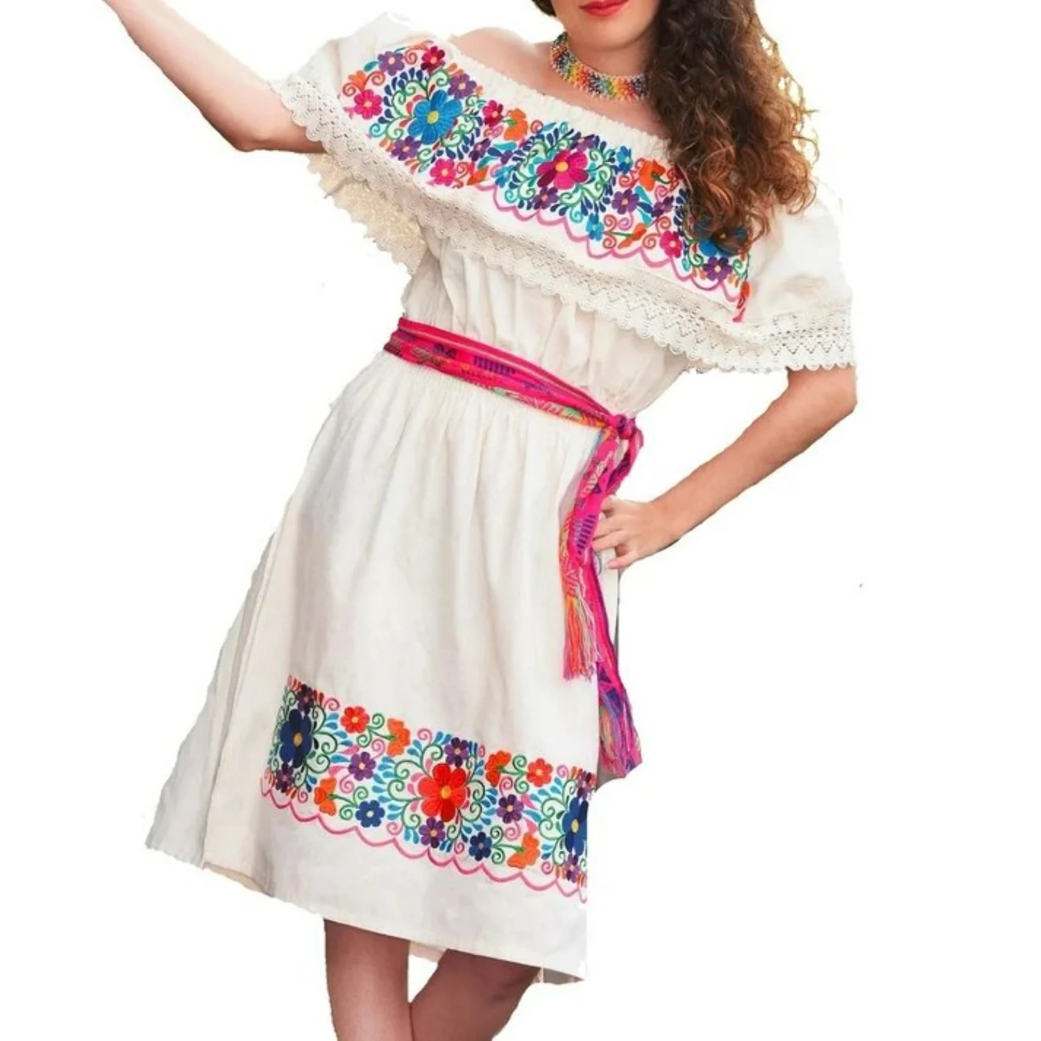 Vestido Artesanal Fino Bordado Color Blanco con Flores para Mujer IMP-77301
