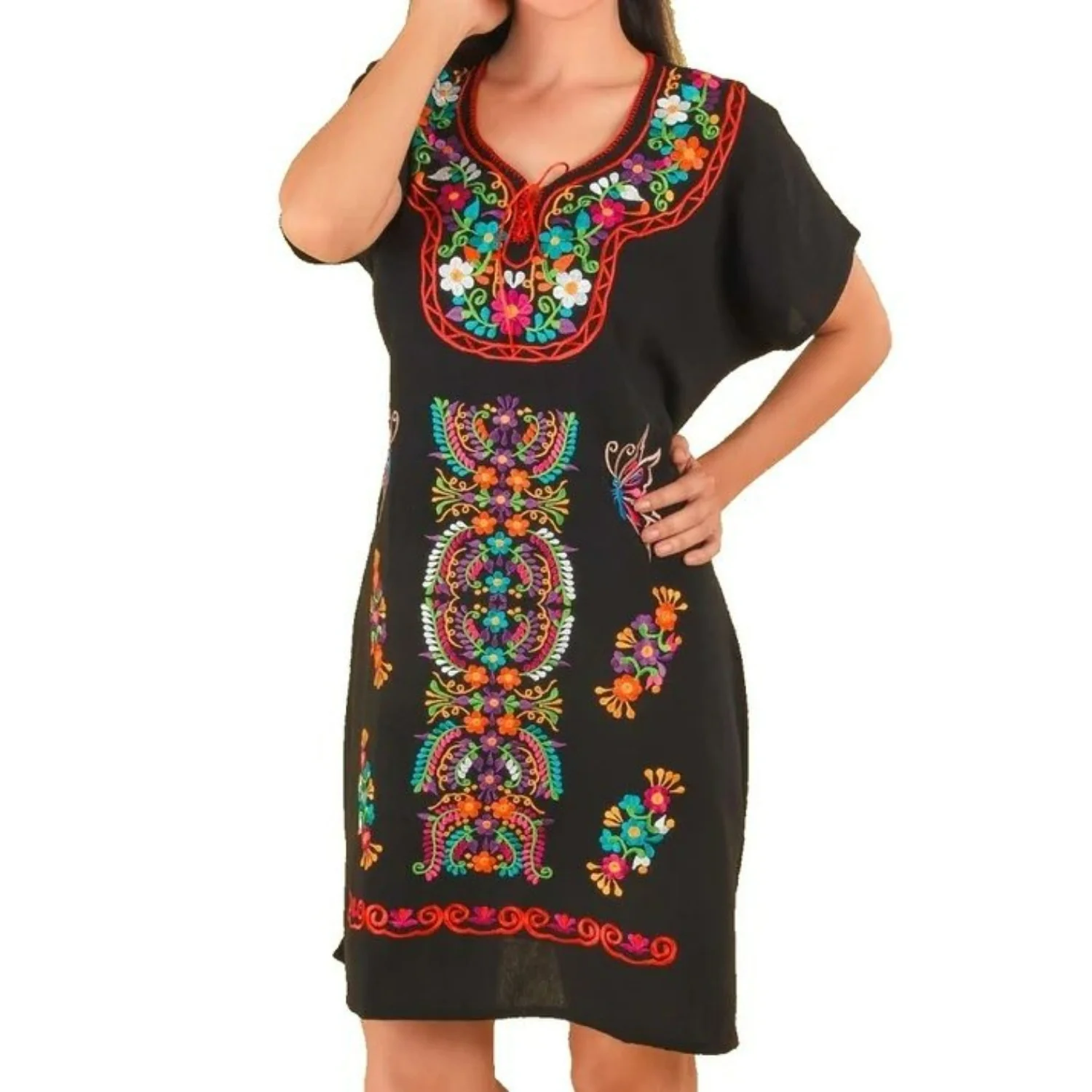 Vestido Artesanal Fino Bordado Color Negro con Flores para Mujer IMP-77123