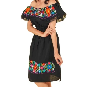 Vestido Artesanal Fino Bordado Color Negro con Flores para Mujer IMP-77302