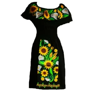 Vestido Artesanal Fino Bordado Color Negro con Girasoles para Mujer IMP-77315