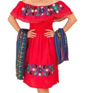 Vestido Artesanal Fino Bordado Color Rojo con Flores para Mujer IMP-77303