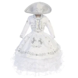 Vestido de Charro Bordado para Niña Color Blanco con Plata imp-76233